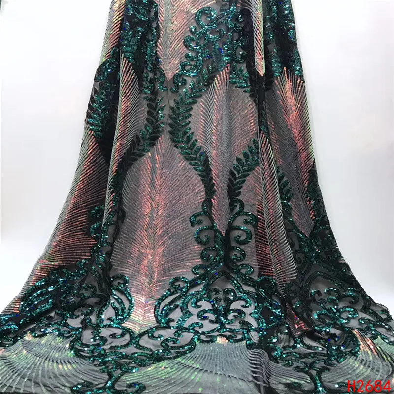 

5 yards high quality with Green embroidered net tulle mesh lace Red french sequins lace fabrics for wedding dress HJ2684-1