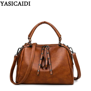 

YASICAIDI Retro Boston Handbag PU Leather Rivet Decor Ladies Top-Handle Bags Casual Tote Satchel Crossbody Bags For Women 2019