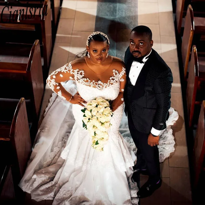 

2020 Plus Size Pearls Mermaid Wedding Dresses O Neck Long Sleeve Lace Appliques Bridal Gowns Tulle Country Wedding Dress