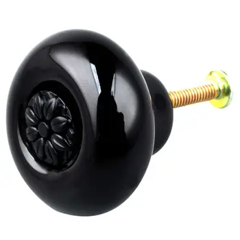 1pcs Ceramic Door Round Handles Kitchen Cabinet Knobs Cupboard Wardrobe Pull Black Flower sculpture knob