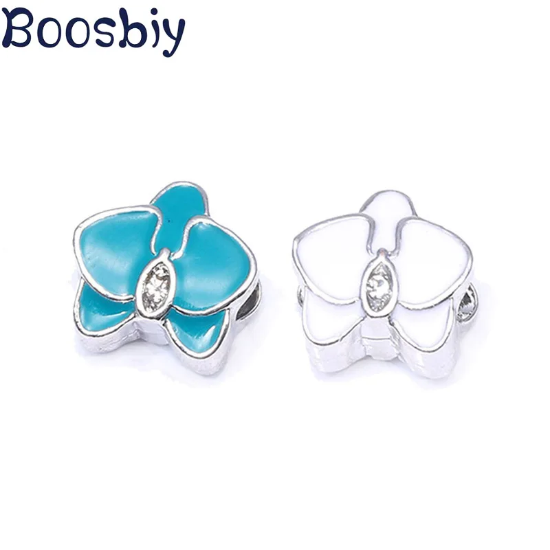

Boosbiy 2pc High Quality White Blue Orchid Big Hole Bead Charms Fits European Style Fashion Pandora Women Charm Bracelets