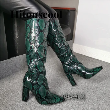 

Women Green Snakeskin Over the Knee Boots Runway Street Pointed Toe High Heels Boots Matching Nightclub Knee High Boot Mujer