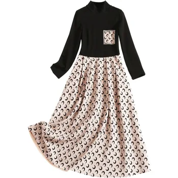 

Plus Size Winter High Quality Suede Dress Women Long Sleeve Knitting Stitching Fashion Sweet Female A-Line Dresses S-XXL