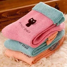 Зимние однотонные хлопковые милые носки, длинные толстые женские Махровые Носки с рисунком котенка из мультфильма