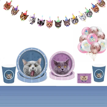 

68pcs / lot Pet Cat Napkins Plates Cups Tablecloth Set Birthday Events Party Kids Favors for 8 Persons Suit