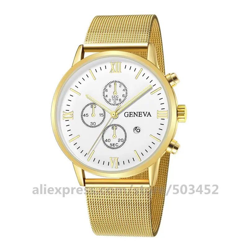 gold white 100 шт./лот, новинка, Geneva 657, мужские часы, три глаза, сетчатые часы, мужские, заводская цена, наручные часы с календарем, простые часы - Цвет: gold white