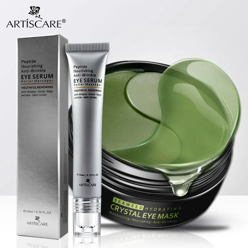ARTISCARE Eye Serum Roller Massager + Seaweed Mask Remover Dark Circles Collagen Gel Patches Anti Wrinkles Care |