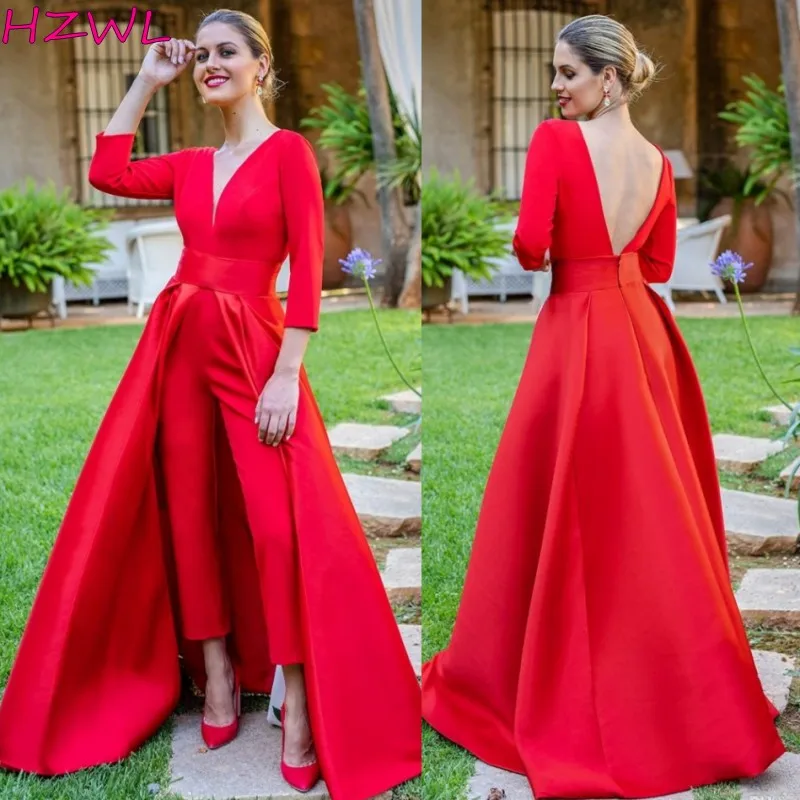 

Red Jumpsuits Formal Evening Dresses With Overskirt V Neck Long Sleeve Backless Prom Dresses Party Wear Pants for Women