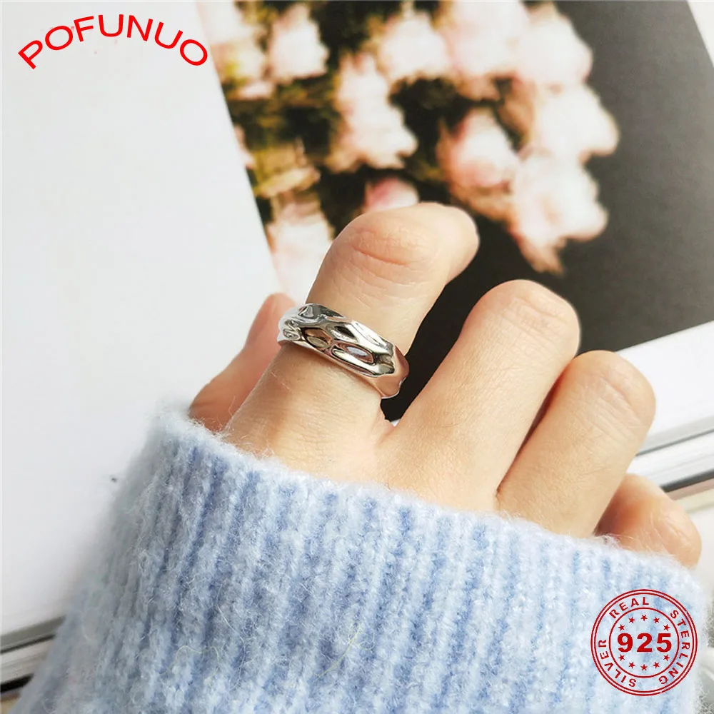 

POFUNUO Full Real 925 Sterling Silver Rings Irregular Geometric Art Minimalist Exquisite Silver Rings Lovers Gifts Fine Jewelry