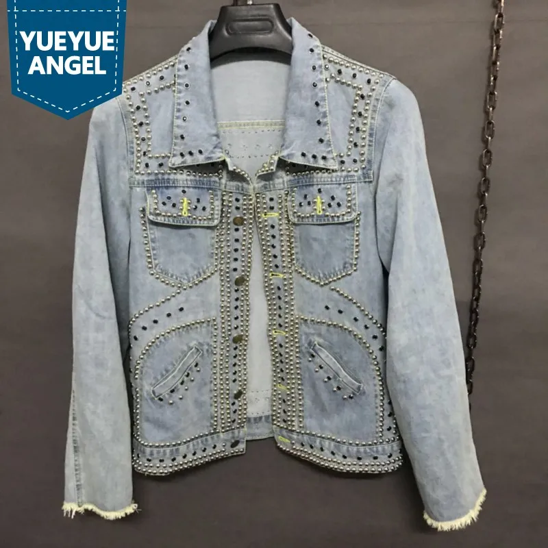 

Personality Punk Denim Coat Men Autumn Rivets Washed Single Breasted Jean Jacket Street Style Hip Hop Light Blue Loose Outerwear