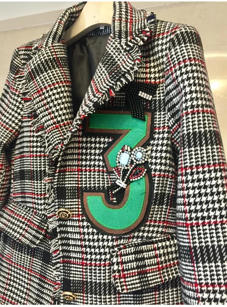 Women Runway Diamonds Wool Tweed Jacket Coat Notched Golden Plaid Tassels Basic Jacket Outerwear blazer feminino chaqueta mujer
