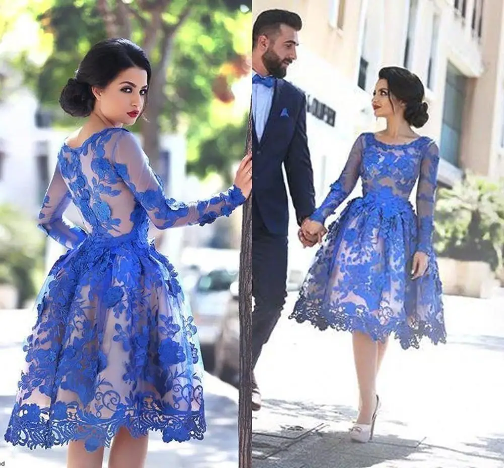 

Blue Long Sleeve Cocktail Dresses Knee Length Full Lace Scoop Dubai Arabic Women Cheap Formal Party Gowns