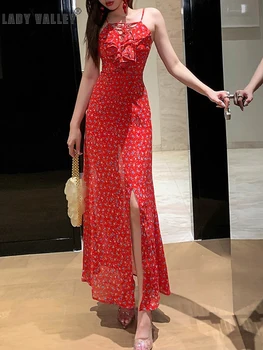 

Free shipping chest straps ruffled waist chiffon straps floral dress women's new hem split fork beautiful back