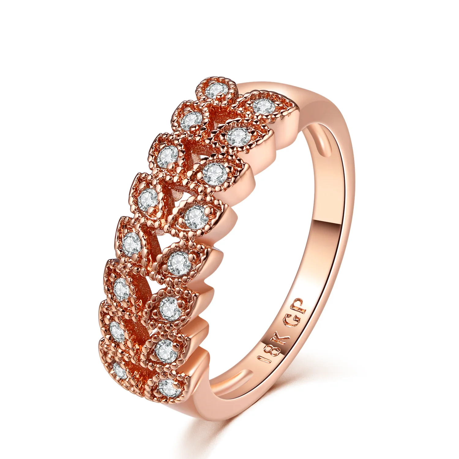 Изысканное кольцо из розового золота вечное свадебное филигранные листья