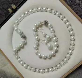 

10MM Natural White South Sea Shell Pearl Necklace Bracelet Earrings Set AAA