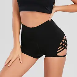 Dropshipping!! Moda feminina calças de cintura alta all match oco cruz na moda cintura elástica calças curtas