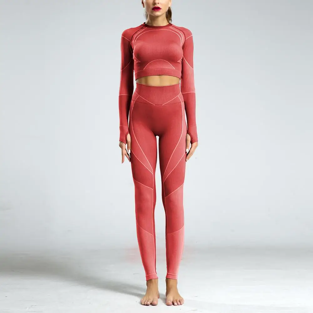 Женские Бесшовные легинсы для фитнеса одежда спортивные колготки женские с высокой талией для йоги брюки спортивные брюки пуш-ап тренировочные брюки - Цвет: Red set