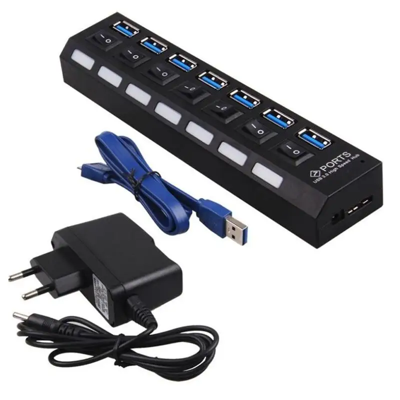 7 портов USB3.0 концентратор Встроенный светодиодный индикатор Высокоскоростной Кабель-адаптер Мульти USB Переключатель концентратор разветвитель для зарядки ноутбука ПК