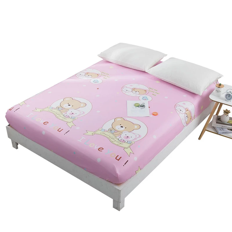 

New 1pc Children Cute Pink Bear Printed Fitted Sheet Polyester Cartoon Mattress Cover Four Corners with Elastic Band Bed Sheets
