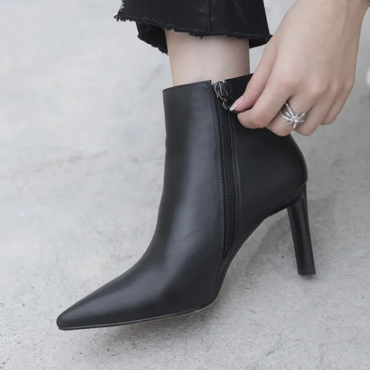 

Black White Genuine Leather Ankle Boots Sexy Pointed Toe High Heel Shoes Women Formal Ladies Career Shoes