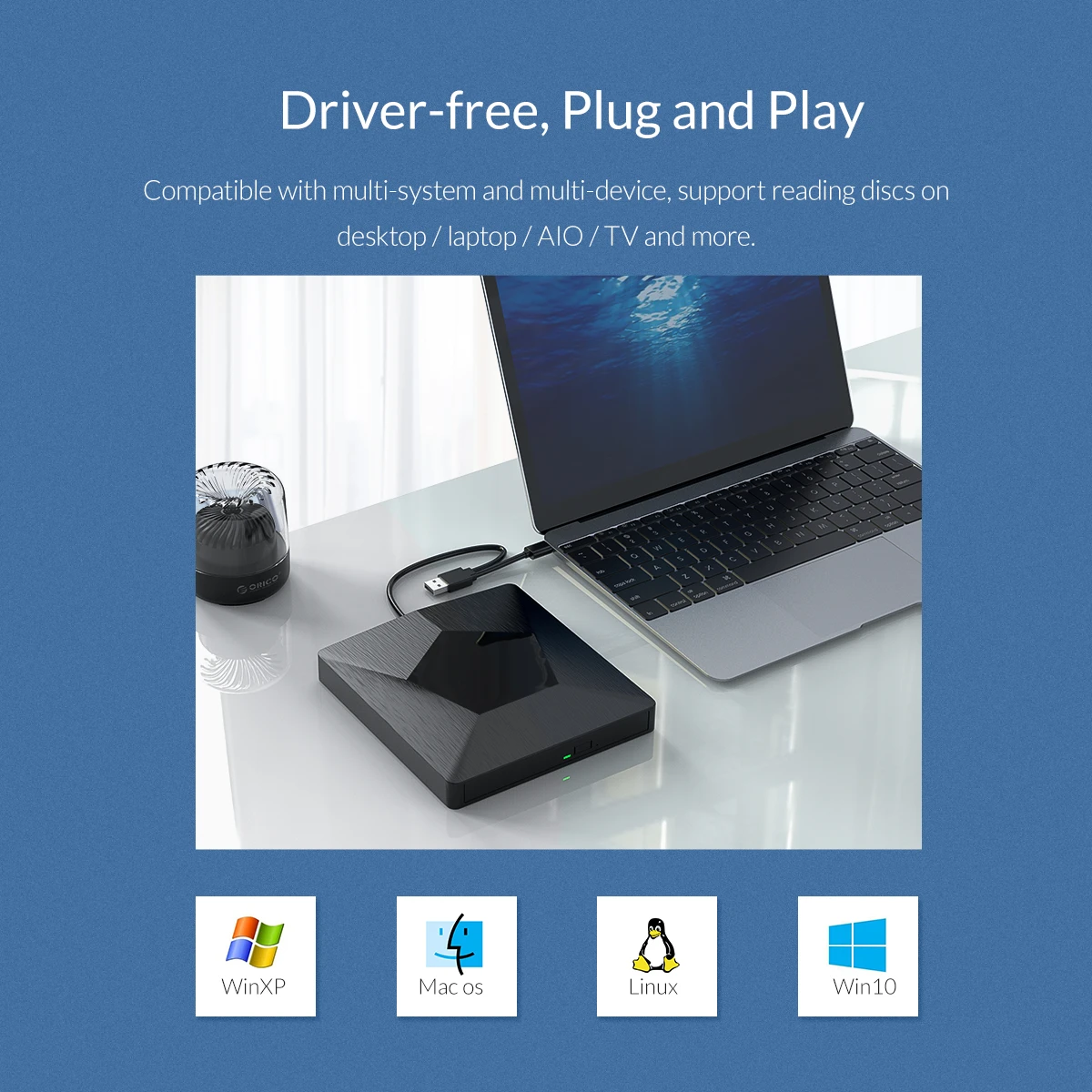  ORICO External USB 3.0 High Speed Slim DVD Optical Driver CD/DVD-RW Combo DVD RW ROM Burner Reader 