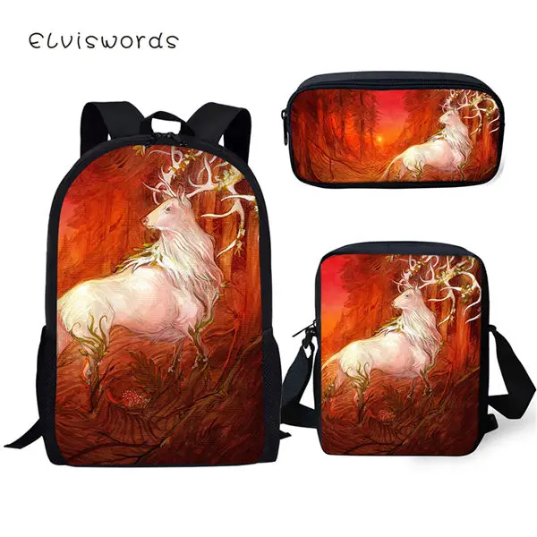 CDWX3875CEK ELVISWORDS комплект из 3 предметов, детский школьный рюкзак, художественный Фэнтези, олень, школьные сумки, Kawaii, животные, студенческий рюкзак/мешок с закрылками/пеналы для ручек - Цвет: CDWX3875CEK