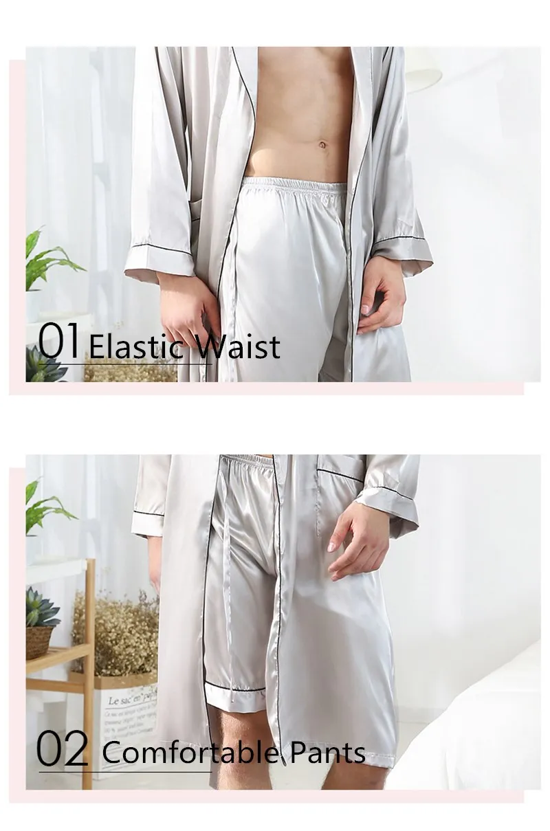 SAMWESTART Men's Stain Silk Pajamas Robes Top Male Sleepwear Solid Color Men Pajamas Sleepwear Men Sexy Modern Style Nightgown