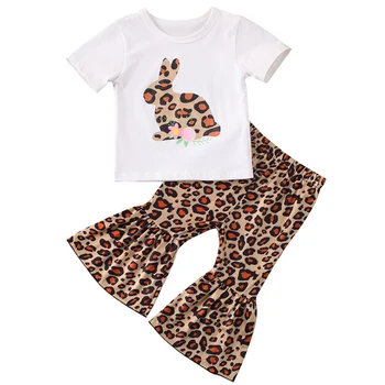 

0-3Y Infant Kid Baby Girl Clothes Sets Rabbit Leopard Print Short Sleeve Ruffle Tops Flare Pants Outfit Set