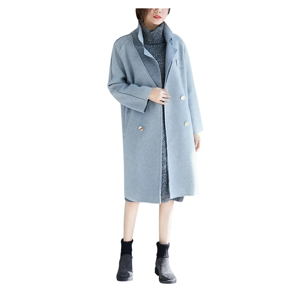 Страуса осень зима шерстяное пальто женское средней длины с отложным воротником темперамент женская популярная верхняя одежда шерстяное пальто N30 - Цвет: Синий