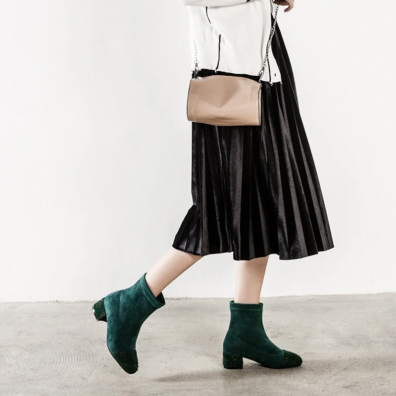 

2019 Autumn And Winter New Style Graceful round-Toe Chunky-Heel Suede Elasticity Short Boots Blackish Green plus Velvet Boots