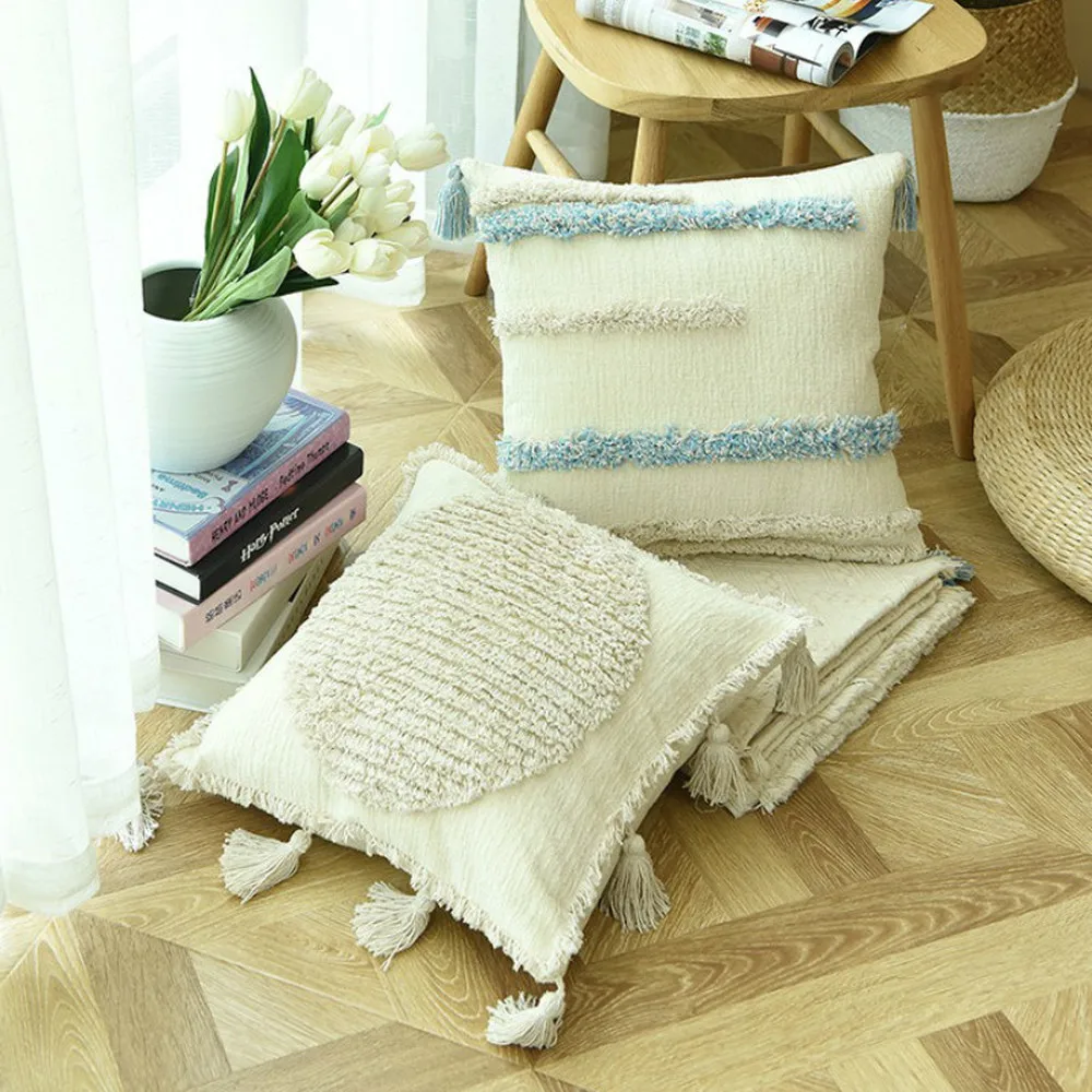 

Bohemian Beige Cushion Cover Flocking Tassel Pillow Case Home Decoration Cushions 45X45cm Throw Pillow Covers For Seats Sofa Bed