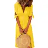 Yellow Dresses Women Fashion Solid Color Deep V Neck Tied Half Sleeve Button Party Long Dress ladies Button Party Long Dress ► Photo 1/6