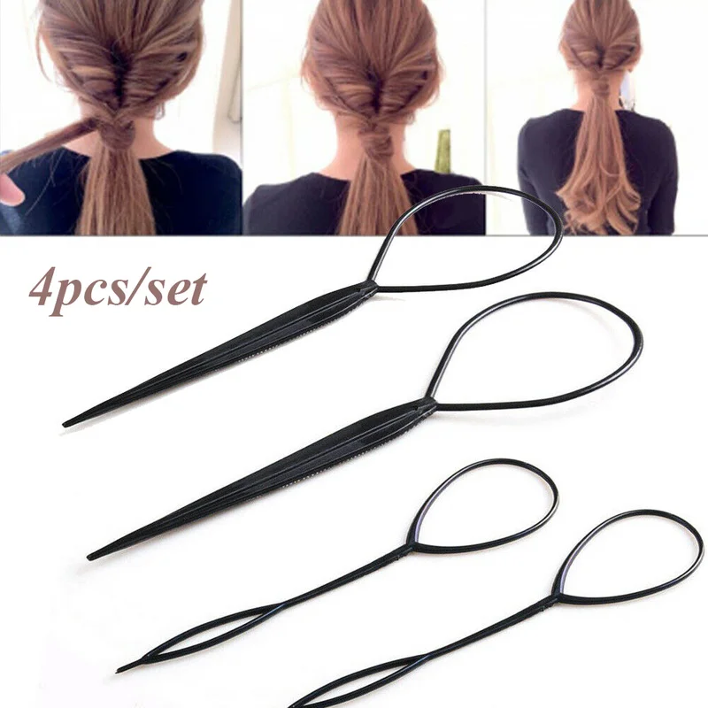 4pcs Black Topsy Tail Hair Braid Ponytail Maker Hair Styling Tools Ponytail Creator Plastic Loop Hair Accessories