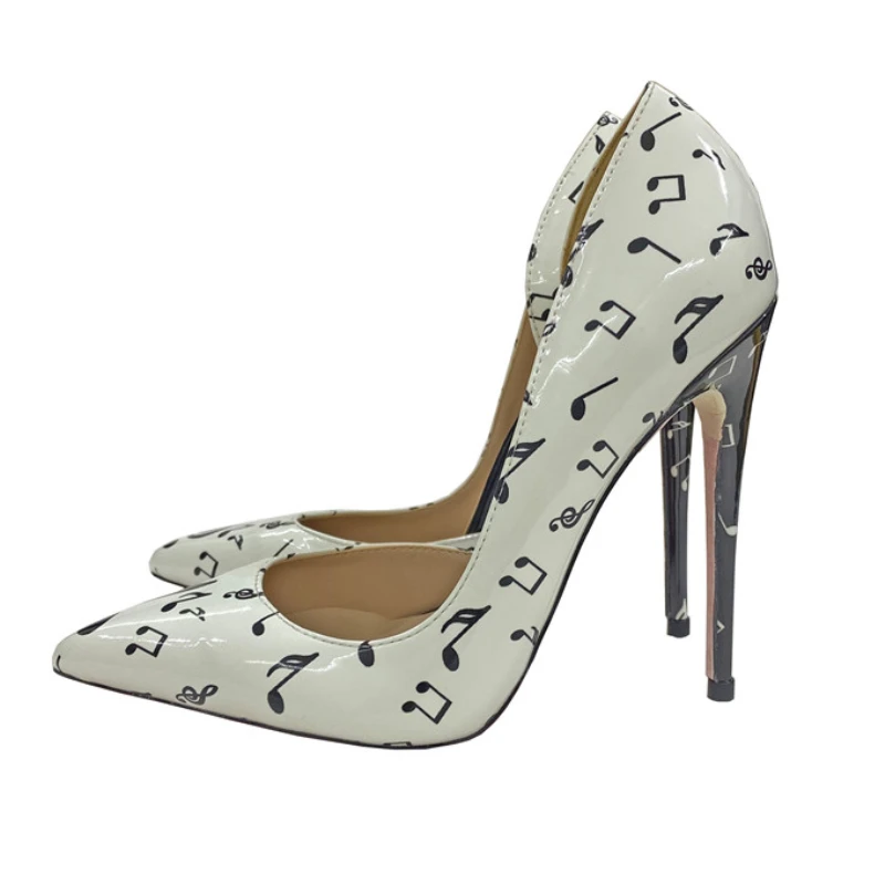 Ke Shang Jia Music Melody Print Women White Patent Pointy Toe High Heel Shoes Elegant Ladies Slip On Stilettos Chic Pumps