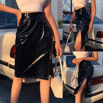 

2020 New Skirts Women Summer Slim Solid Croco-print Leather Print Waiste Black Skirt Summer Fashion Lady Club Skirts Mujer