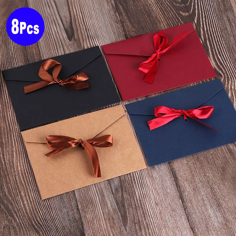 8Pcs Vintage Retro Bowknot Kraft Paper Envelope Set For Office School Postcard Wedding Party Invitation Greeting Cards Gift 8pcs pack vintage kraft paper envelope airmail postcard cover greeting cards envelope for invitations stationery gift card