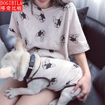 

Summer cartoon bamboo cotton cat parent-child wear thin vest Teddy kitten dog clothing Korean short sleeve 1pcs