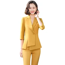 Aliexpress - Fashion Blazer Set Ruffle Hem Ladies Pant Suit Women Office Formal 2 Piece Set Yellow Pink Green White Black Blazer And Trouser