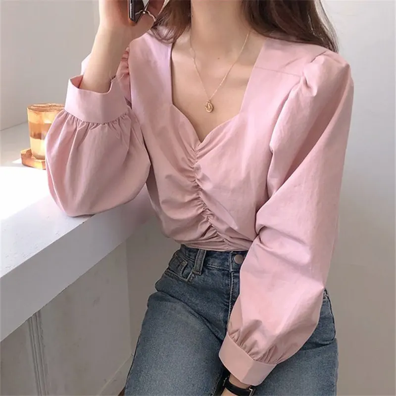 

Hzirip Pink Brief V-Neck Puff Sleeves Elegance Solid 2020 Slim Women Girls OL All-Match Chic Leisure Gentle Casual Loose Shirts