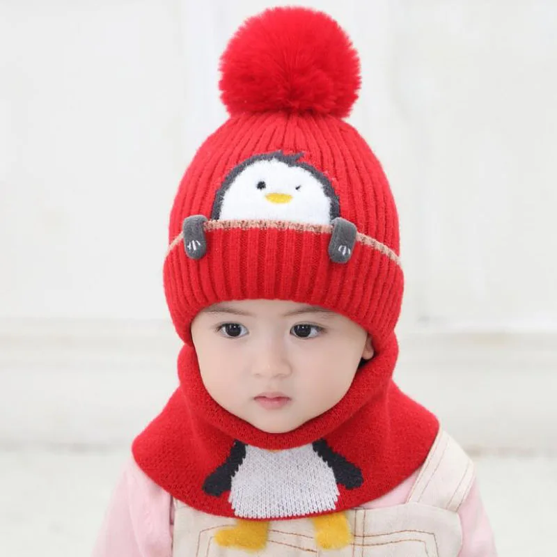 1 to 4 Years Old Bkids Beanie Sets Cute Penguin 2 pcs Boys Girls Winter Villus Hat Scarf Set