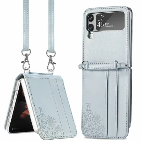 With Lanyard With Card Slot Case  PU Leather Case  For Samsung Galaxy Z Flip 3 Case For F7110 Case