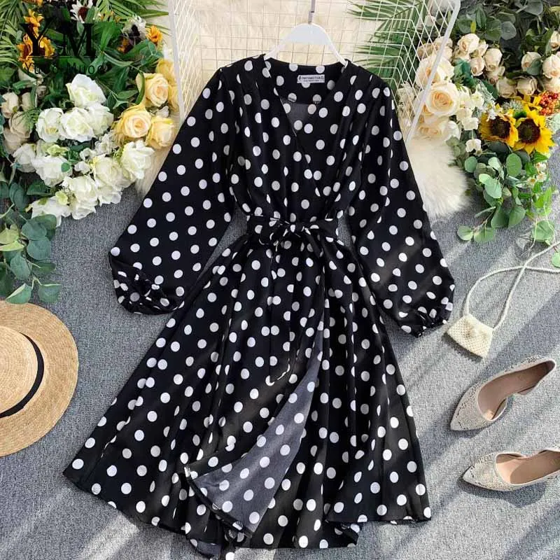 YuooMuoo Fall Korean Style Women Polka Dot Midi Dress Ins Hot Sashes Vintage Elegant Long Sleeve Green Dress Ladies Dresses - Color: Black