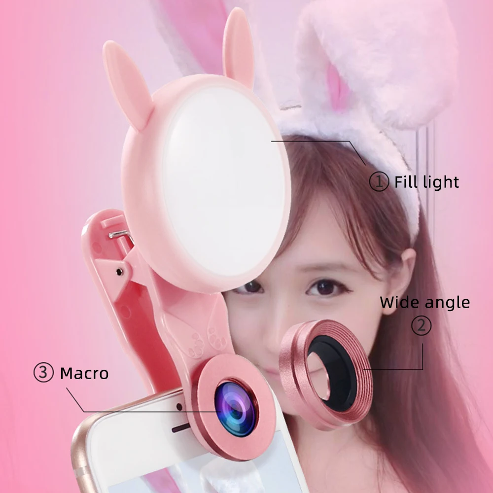 FDBRO LED Selfie Light Mobile Phone Lens Fill-in light+0.62X Wide Angle Lens+ 20X Macro Lens Kit For iPhone Samsung phones