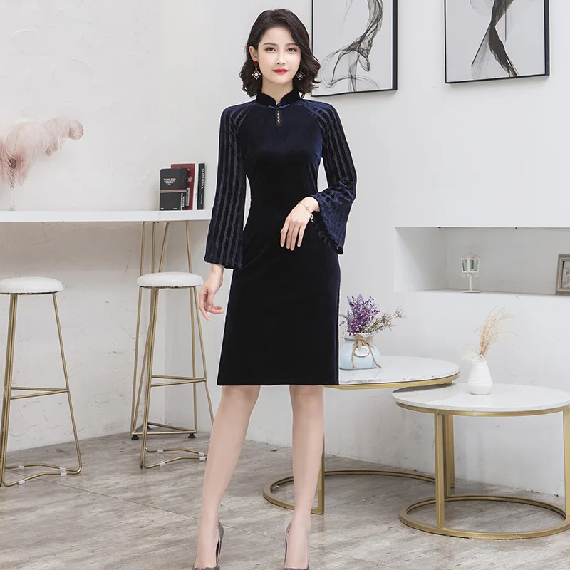 Black Novelty Splicing Section Qipao Chinese Stlye Women Dress Velour Slim Sexy Wedding Cheongsam Autumn New Vestidos
