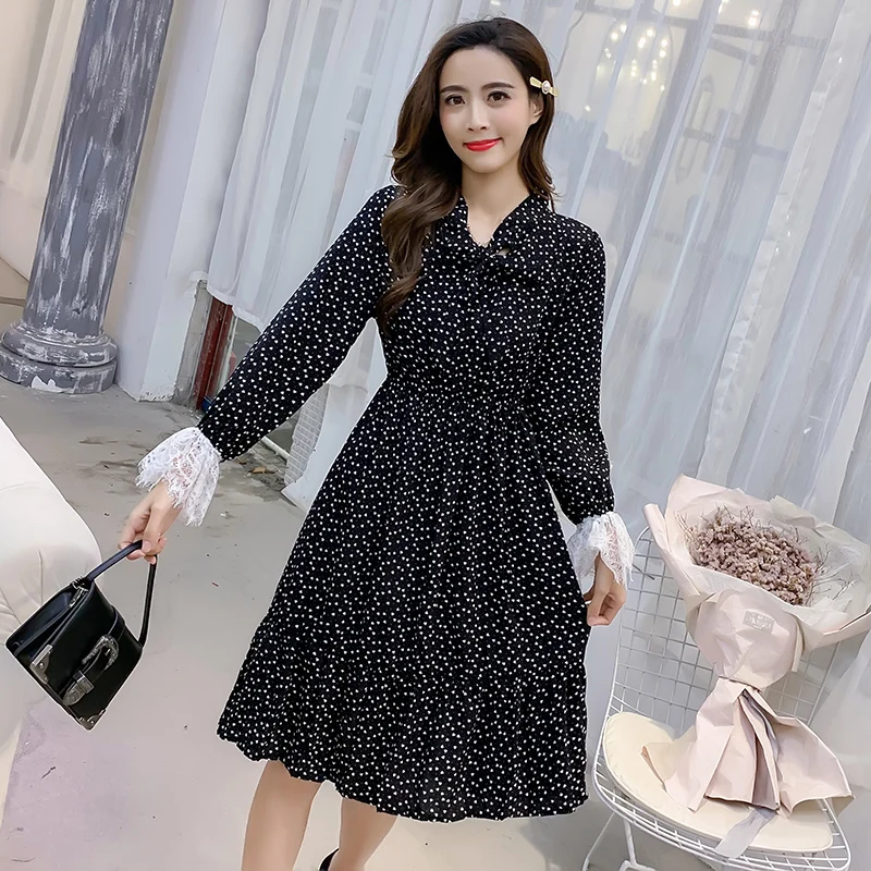 Винтажное длинное женское платье в горошек весенние шифоновые платья белого и