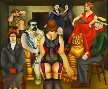 

Modern handmade abstract painting Family meeting and cat on oil canvas for home decor and wallpaper, gallery