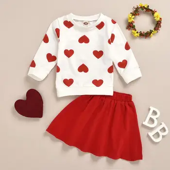 

2020 New Baby Girls 1-6T Cotton long sleeve Top heart printed + Red Skirt 2pcs Outfits set choose sizes