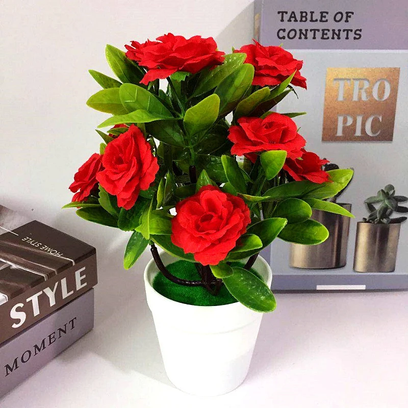 

Artificial Simulated Bonsai Tabletop Rose Fake Flower Potted Home Decor Display