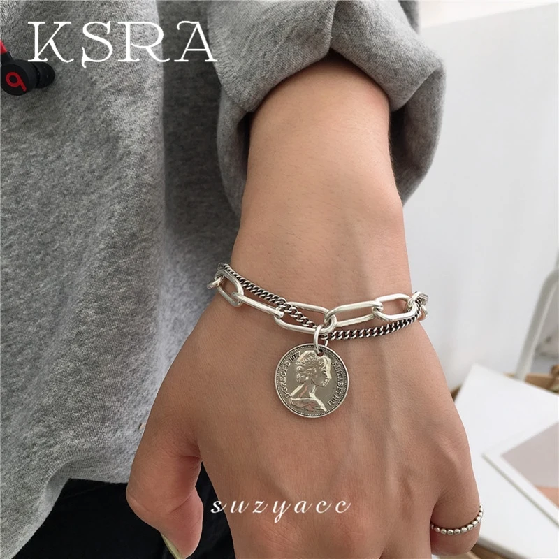 Женский винтажный браслет с пряжкой KSRA, толстая цепочка серебряного цвета, амулетные браслеты, эффектные ювелирные изделия, новинка 2020