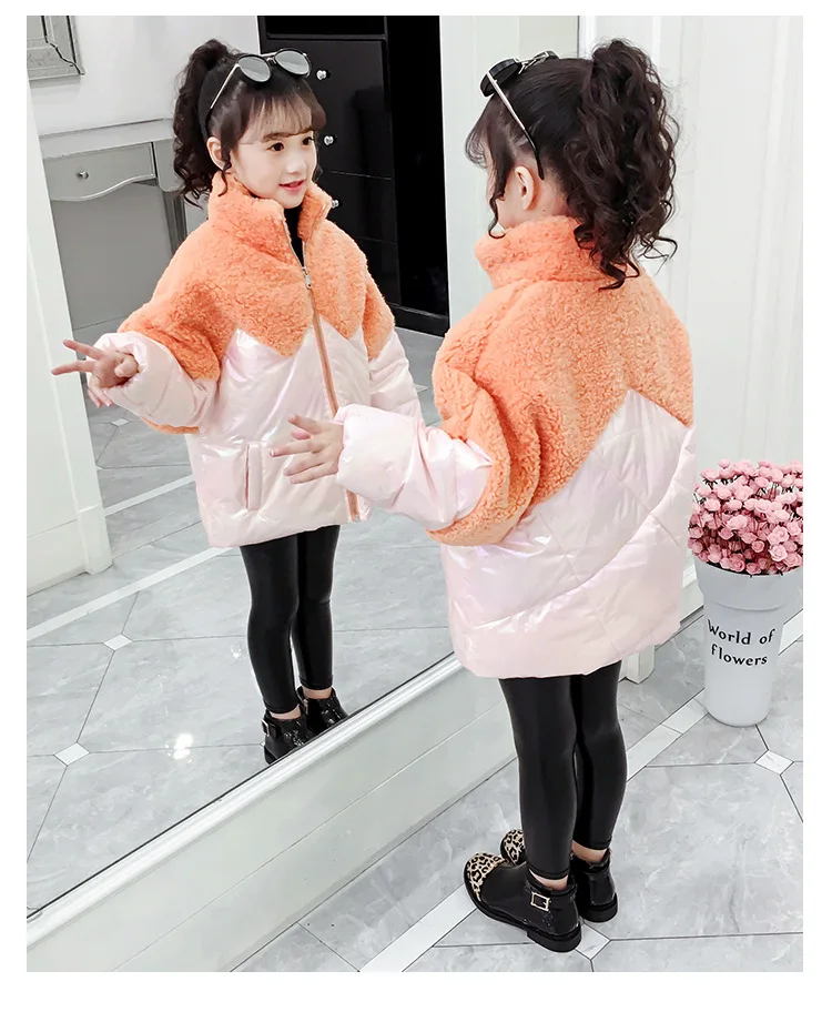 New winter Korean style fashion cotton lining jacket outwear with artificial lamb fur stitch for teenage girls